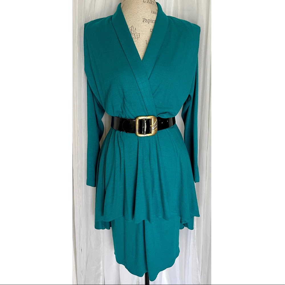 Vintage Turquoise Peplum Wiggle Midi Dress Size: 8, Medium Large